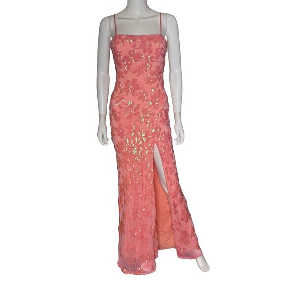 Emerald Sundae Juniors' Floral-Sequined Gown Coral/Peach Sz M NWT - Picture 2 of 10